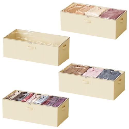 SpaceAid 4 Pack 10" High Under Bed Storage Containers, Large Underbed Storage Organizer Bins with Lids for Bedroom, Dorm, Clothes, Closet Organization, Bed Sheets and Blankets (Beige)