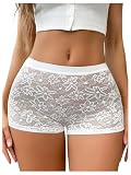 OYOANGLE Women's Lace Sheer Boyshorts Underwear Mid Rise Comfy Breathable Panties White Small