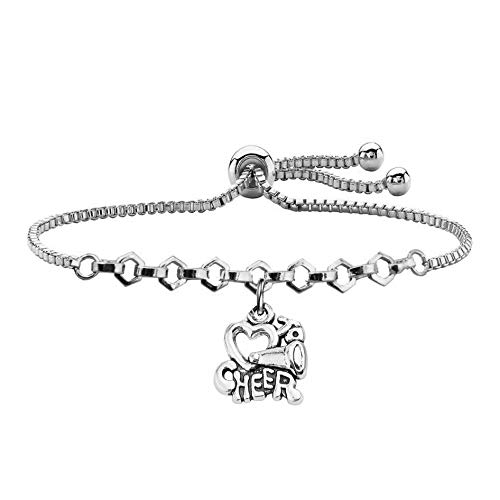 QIIER Cheer Bracelet Love to Cheer Charm Slider Bracelet Cheer Jewelry for Cheerleaders Cheer Coaches Cheer Teams (Silver)