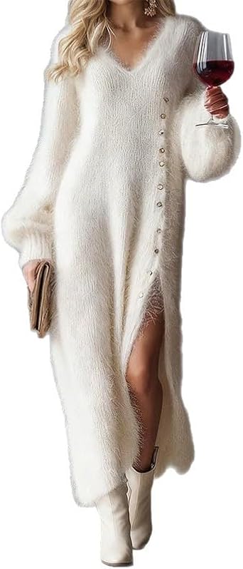 Melliflo Sweater Dresses for Women 2025 Fashion Christmas Party Fuzzy Long Dress Button Down Side Slit Knit Maxi Dress