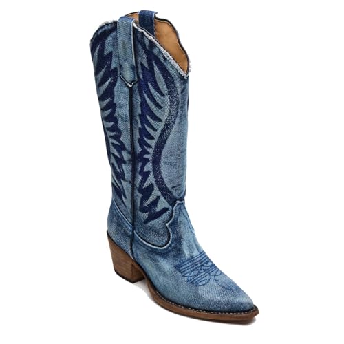 MICIFA Denim Cowboy Boots For Women Blue Mid Calf Western Boots Pointed Toe Chunky Block Low Heel Embroidery Cowgirl Booties Pull on Wide Calf Fashion Casual Shoes