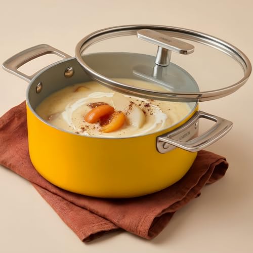 Image of Ember Cookware Arcilla Ceramic Dutch Oven 20 cm, 2.6L with Glass Lid | 75% Less Oil Usage | Non Stick Induction Cookware | ISI Certified | Biryani Pot | Steel Handle | 5-Year Warranty | Benares Gold