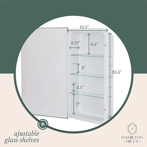 Hamilton Hills 16x26 Inch White Recessed Bathroom Medicine Cabinet with Mirror - Beveled Bathroom Cabinet Organizer with Shelves - Farmhouse Wall Mounted Hanging Medicine Mirror Cabinet