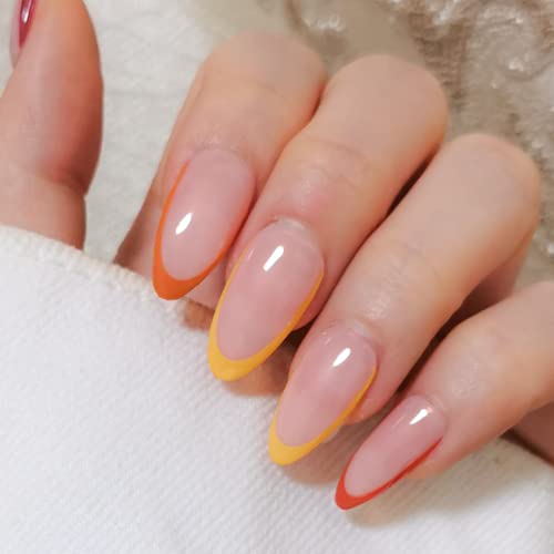 French Tip Press On Nails Short Almond, Medium Winter Fall Fake Nails With Design, Autumn Rainbow Uv Finish Short Pointed Almond Shape Nude False Nails, Transparent Reusable Stick Glue On Nails Kit For Women,Lacheer #TOP2