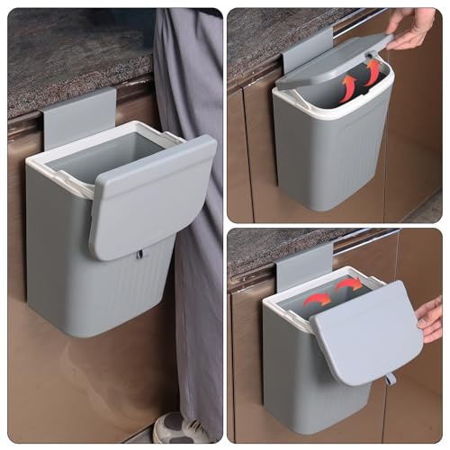 Image of 3.2 Gallon /12 L Plastic Kitchen Compost Bin, Hanging Trash Can with Lid, Wall-Mounted Garbage Can, Grey