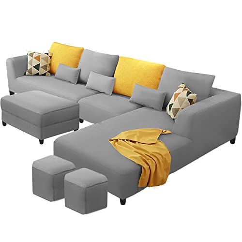 Image of Galib RHS 8 Seater L Shape Sofa Set with Ottoman & 2 Puffy for Living Room (Grey) Premium Fabric