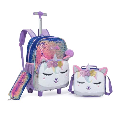 Mochila Rodinha Escolar Infantil de Lancheira e Estojo Lápis Ideal para Meninos e Meninas de 7 a 12 Anos (unicórnio 02)