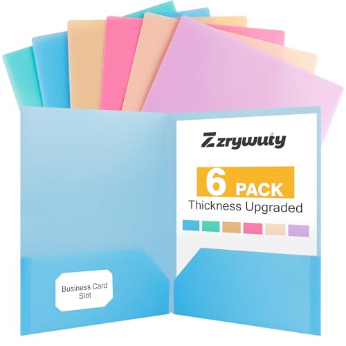 Pastas de plástico com bolsos (pacote com 6, cores sortidas), pastas de arquivo resistentes duráveis com compartimento para cartão de visita, tamanho carta de 2 bolsos, comporta mais de 100 folhas