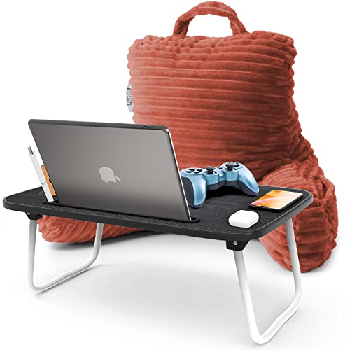 Image of Nestl Misty Rose Reading Pillow with Bed Desk for Laptop and Writing, Luxe Cut Plush Back Pillow for Sitting Up, Back and Arms Adjustable Support for Kids and Teens, Foldable Lap Desk for Bed 19x11 inch
