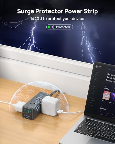 Image of TROND Surge Protector Power Strip with 360 Rotating Flat Plug, Black | Flat Extension Cord 3ft, 6 Widely Spaced Outlets and 2 USB-C PD20W Ports, 1440J Surge Protector for Home Office Dorm