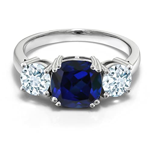 Gem Stone King 925 Sterling Silver Blue Created Sapphire and Sky Blue Aquamarine 3 Stone Engagement Ring For Women | 3.50 Cttw | Cushion 8MM | Available in Size 5,6,7,8,92