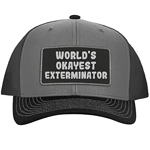 World s Okayest Exterminator - Leather Black Patch Engraved Trucker Hat, Grey-Steel, One Size