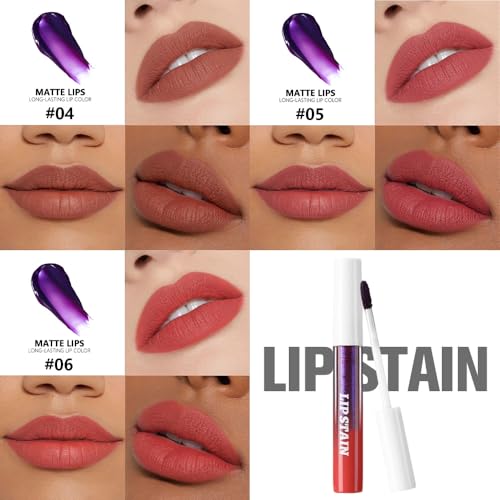 Image of evpct 3Pcs Peel Off Lip Stain Tints, Nude Brown Orange Red Matte Liquid Lipstick Lip Stain Long Lasting Waterproof for Women, Non-sticky Lipstick Peel Off High Pigment No Faded Smudge-proof Lip Stains