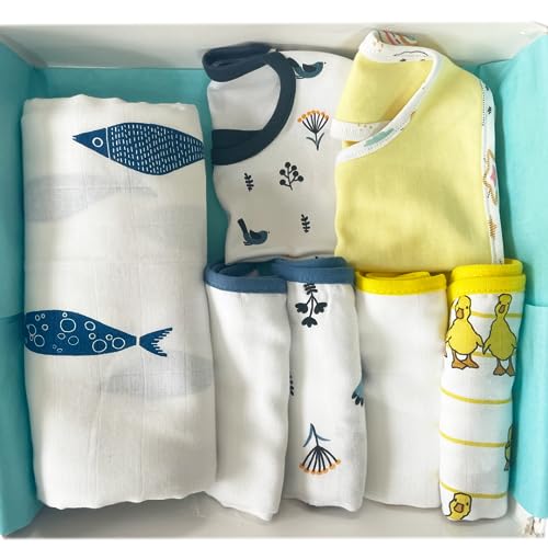 TinyLane – Curated for you! All in one Bamboo : Cotton Newborn Baby Essential Products, 0-6+ Months, Pack of 7, Multi Color, Gift Ideas for Baby Shower for Mom (Fish, Pack of 7)