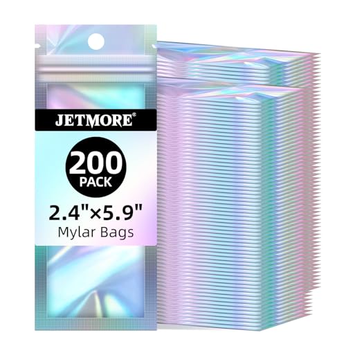 JETMORE Holographic Bags, 200 PCS Mylar Bags, 2.4x5.9in Resealable Bags