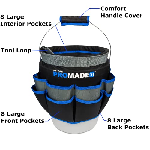 Best Ever Pro-Made X1 Bucket Tool Organizer For 5 Gallon Buckets - Storage Caddy Bag With Large Pockets For Tools - For Construction, Garden, Cleaning, Auto #TOP2