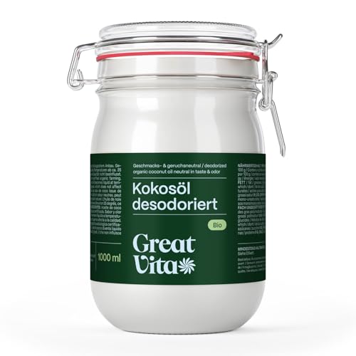 GreatVita Kokosöl, Geschmacksneutral (desodoriert), 1000 ml im Bügelglas zum Kochen Braten Backen GreatVita Kokosöl, Geschmacksneutral (desodoriert), 1000 ml im Bügelglas zum Kochen Braten Backen