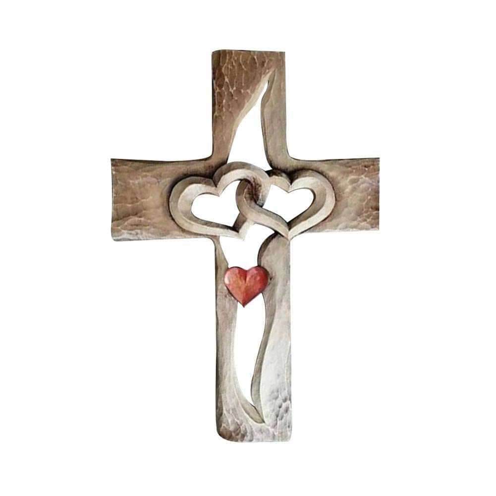 Cruz de madera tallada entrelazada corazones crucifijo ornamento dos corazones colgando mano unión pared miniatura