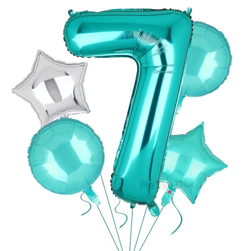 5 Stück XXL Türkis Zahl 7 Luftballon Blaugrün Nummer 7 Folienballons Groß Zahlen Happy Birthday Ballon Geburtstags Deko 100cm