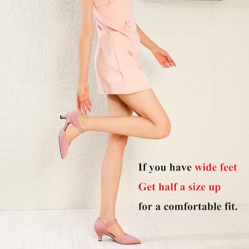 Image of RIBONGZ Comfortable Kitten Heels for Women Pointed Closed Toe Ankle Strap Buckle Heels Slip on Low Heel Church Pumps Wedding Bridal Party Dressy Shoes