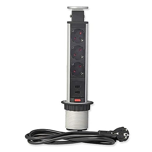 Versenkbare Steckdose 3-fach 2x USB für Küche und Büro - Tischsteckdose aus hochwertigem Kunststoff mit 3 Steckdosenelementen und zwei USB Anschlüssen - ca. 170cm langes Anschlusskabel