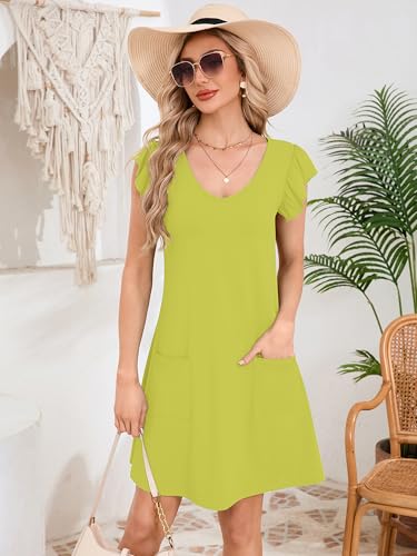 DEARCASE Womens Summer T-Shirt Dresses V Neck Elegant Classy Ruffle Sleeve A-line Tunic Dress 2026 with Pockets Avocado Green Small — view 3