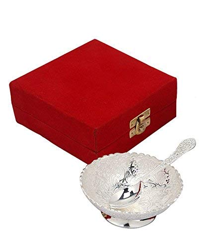 Rastogi Handicrafts Aluminium -Silver Plated Small Bowl Set With Spoon Size - 3.5 Inch Diameter Bowl, Capacity -100 Ml /3.38 Oz -30 Grams Bowl Weight #TOP1