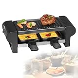 Raclette Grill 2 Personen zum Grillen und Überbacken Grillplatte Tischgrill Elektrogrill (2 Pfännchen, Antihaftbeschichtung, leicht zu reinigen, Grill, Schwarz)