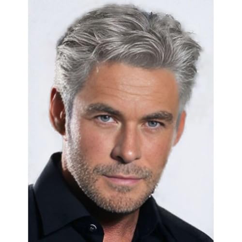 Siudus Mens Grey Short Wig Layered Natural Wig Synthetic Heat Resistant Halloween Cosplay Daily Hair Wig (Grey)