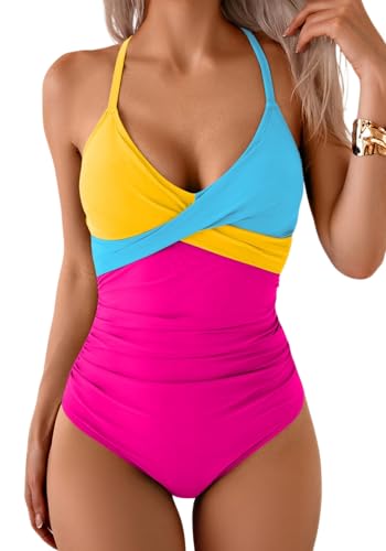 Image of B2prity Women's One Piece Swimsuit Tummy Control Front Cross Bathing Suit | Slimming Ruched ,Tie Back,Wrap Front,Adjustable Straps,Soft Removable Cups for beach, pool and vacation wear