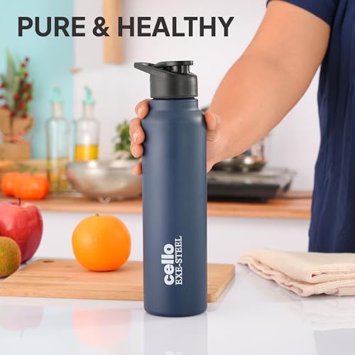 Image of CELLO Crysta Flip Stainless Steel Water Bottle 1000 ml, Navy Blue | Single Wall Freezer & Fridge Safe Lightweight Leakproof Flip lid Spillproof Rust Resistant Steel Water Bottle for School Gym Office