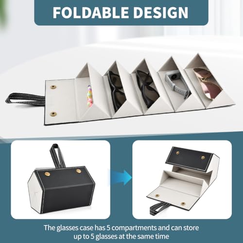 Image of Travel Sunglasses Organizer for Women Men, 5 Slots Foldable Travel Sunglass Case With Hook, Multiple Eyeglasses Holder Glasses Storage Box for Home Display(Black)