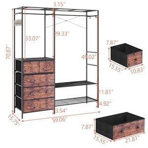 Clothes Rack with 5 Drawers & 4 Storage Shelves, 59.1W*70.9H Heavy Duty Clothing Rack with 2 Hanging Rods, Wardrobe Closet Organizer System with 5 Hooks, Freestanding Garment Rack (Rustic) Clothes Rack with 5 Drawers 4 Storage Shelves 591W709H Heavy Duty Clothing Rack with 2 Hanging Rods Wardrobe Closet Organizer System with 5 Hooks Freestanding Garment Rack Rustic