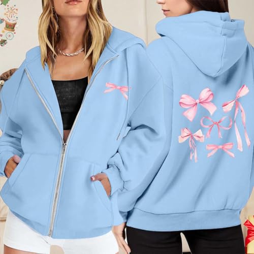 Pink Bow Zip Up Hoodies Long Sleeve Jackets For Women Coquette Casual Aesthetic Cute Preppy Hooded Sweatshirts With Pockets2