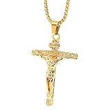 Catholic Christ Jesus Cross Titanium Steel Pendant Necklace Men and Women Amulet Stainless Steel Religious Jewelry (Gold)