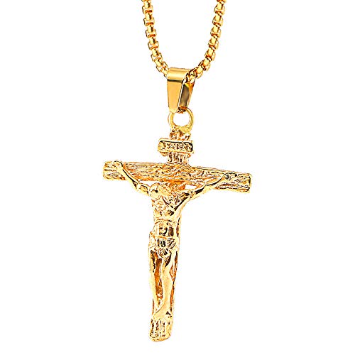 Catholic Christ Jesus Cross Titanium Steel Pendant Necklace Men and Women Amulet Stainless Steel Religious Jewelry (Gold)