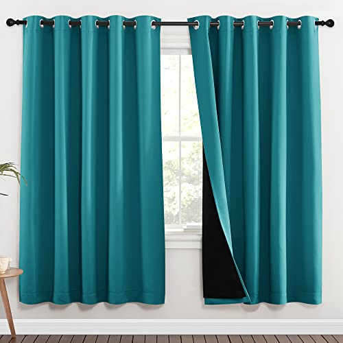 NICETOWN 100% Blackout Window Curtain Panels, Full Light Blocking Drapes with Black Liner for Nursery, 72-inch Drop Thermal Insulated Draperies (Peaco