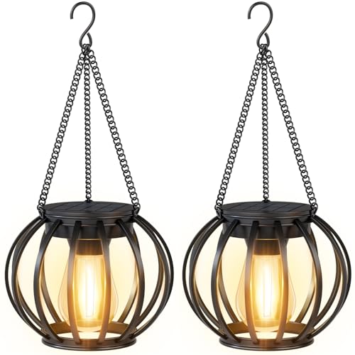 FOFAI Solar Lanterns for Outside Garden: 2 Pack Metal Hanging Solar Lights Outdoor Waterproof - Gardening Birthday Retirement Gifts for Mom Women - Garden Decorative Ornaments for Pathway Patio Yard