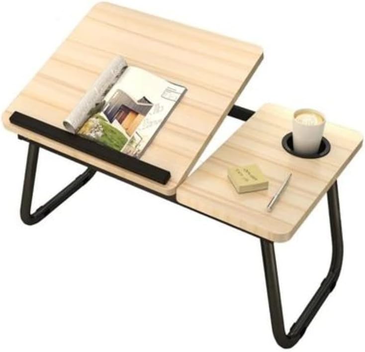 KUTIS Laptop Bed Tray Desk, Adjustable Wooden Laptop Desk stand, Portable Lap Desk with Foldable Legs, Notebook Reading laptop table Stand with Cup Holder, Beige color Laptop Rack Stand in 55 x 25 CM