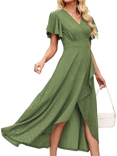 Image of Long Black Formal Dresses for Women Gowns Evening Party Cocktail Dress,Split Elegant V Neck Wrap Ruffle Wedding Guest Dresses
