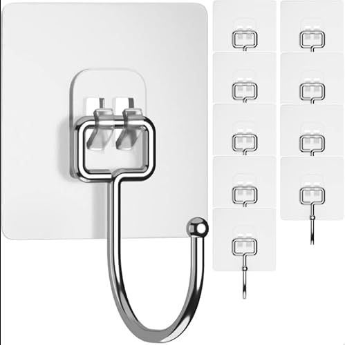 TUPNE Large Adhesive Hooks for Hanging Heavy Duty Wall Hooks 22 lbs Self Adhesive Towel Hook Waterproof Transparent Hooks for Bags Bathroom Shower Outdoor Kitchen Cups Door Coat Sticky Hooks 10 Pack