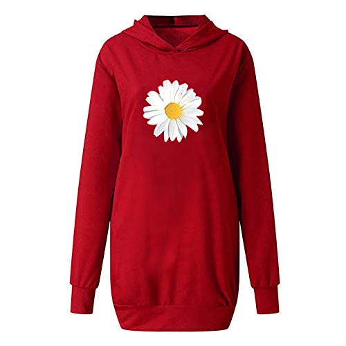 theshyer Sudadera para Mujer Vestido con Capucha con Estampado de crisantemo Blanco, Top de Manga Larga con Bolsillos, Suéter con Capucha Natural