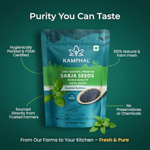 Image of Kamphal Premium Sabja Seeds 100gms | 100% Natural Basil Seeds for Eating | Rich in Fiber, Omega-3 & Essential Nutrients | Perfect for Cooling the Body, Detox Drinks & Digestive Wellness