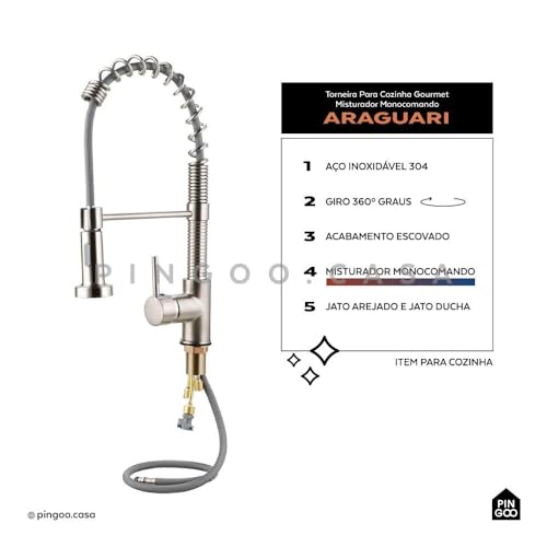 Pingoo.Casa, Torneira para Cozinha, Misturador Monocomando, Aço Inox 304, Escovado, Extensível, Arag