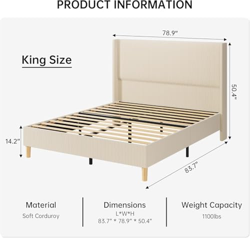 King Size Platform Bed Frame with Corduroy Headboard, Wooden Slats Support by HOMLANE - Used condition - Image 2