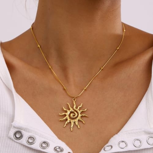Elegant 18K Gold Plated Necklace for Women Sun Moon Pendant Necklace Boho Vintage Hammered Circle Coin Necklaces for Women Minimalist Spiral Design Prom Birthday Gift for Her2