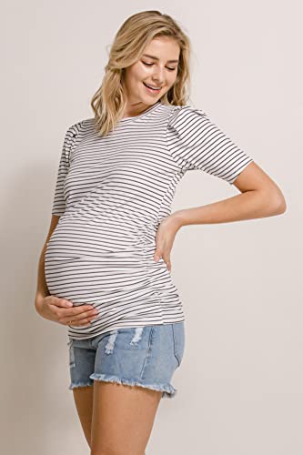 Women's Maternity Puff Sleeve Ribbed T-Shirt Top, White Stripe, Medium #TOP1