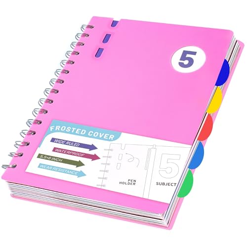 FLYING EAGLE 5 Subject Notebook Wide Ruled Spiral Notebook, 204 Pages Lined Spiral Journal Notebook with Dividers, Small Hardcover Notebooks for School, Work, Pink,A5