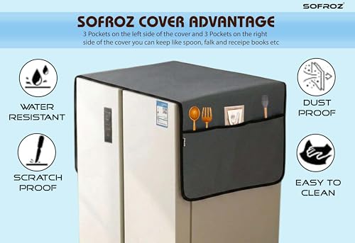 Image of Refrigerator Double Door Waterproof, Dustproof, Protective Cover for Fridges with Extra Storage Space Nylon Top Cover with 6 Storage Pockets (170 x 65 cm) (Grey)