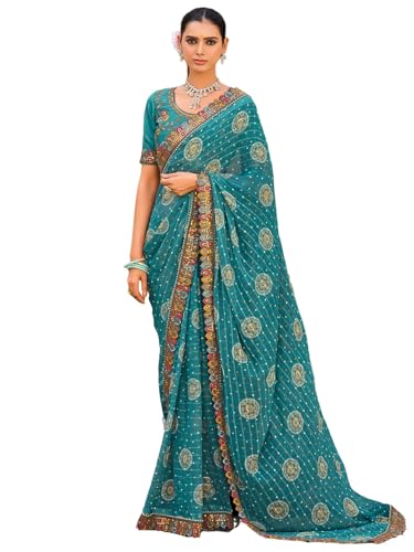Image of Satrani Women's Georgette Bandhani Printed Sequence Lace Work Scalloped Border Saree with Unstitched Blouse Piece